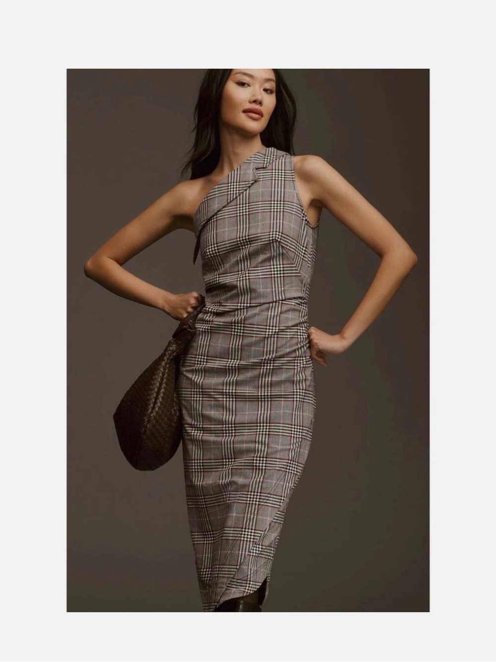 Maeve One-Shoulder Plaid Sheath Dress in Gray and Black